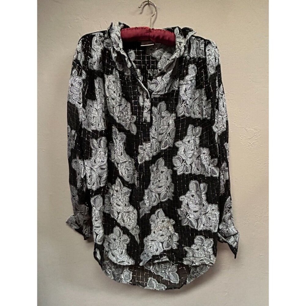 Siasia Womens Black Floral Embroidered Metallic Popover Shirt Blouse Top Casual